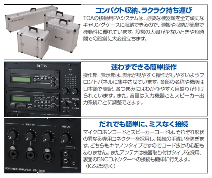 TOA移動用PAシステムはコンパクト収納・簡単操作・ミス無く接続