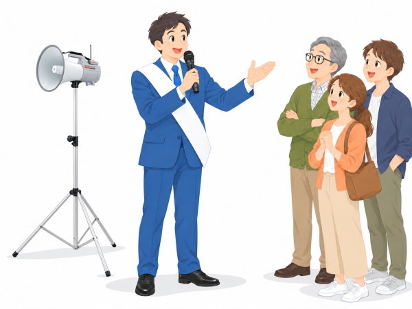 ER-2830WをST-16Aに設置し、ハンド型ワイヤレスマイクで街頭演説をする使用イメージ